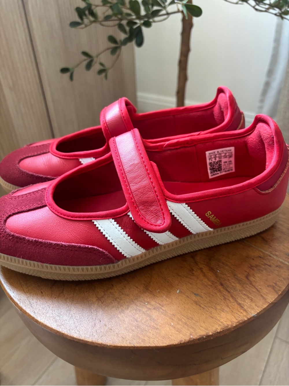 adidas Women’s Red Mary Jane Style Flats with White Stripes